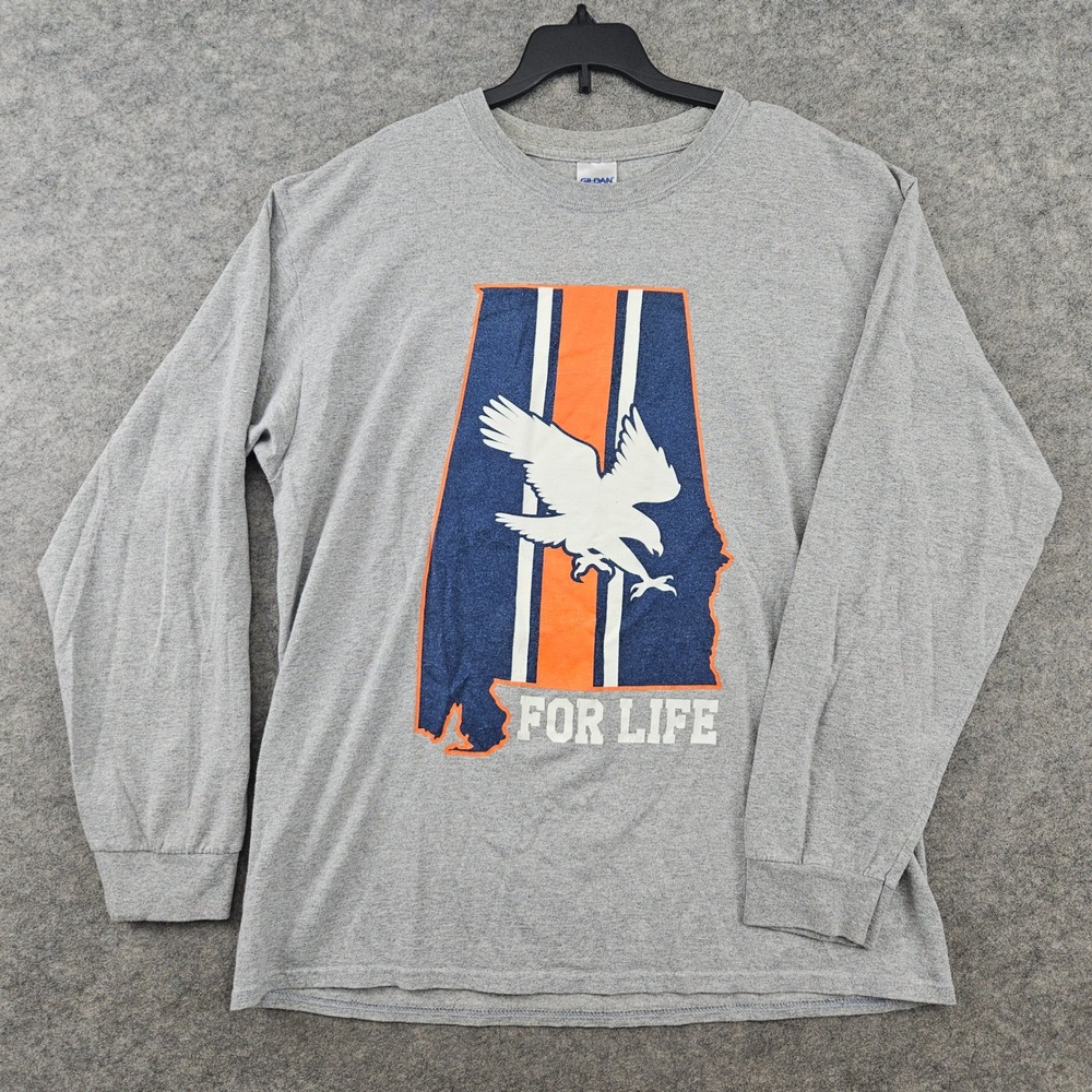 Gildan Auburn For Life Graphic T-Shirt Men's Large Gray Long Sleeve War Eagle